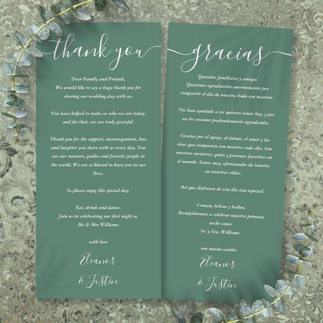 Eukalyptusgrön bröllopssedel 2 språk tackkort meny (Eucalyptus Green Wedding 2 Language Thank You Card)