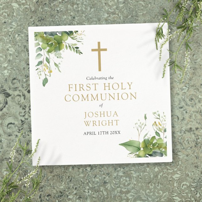 Eukalyptusgrönska Blommig Första Kommunion Pappersservett (Eucalyptus Greenery Floral First Holy Communion Napkins)
