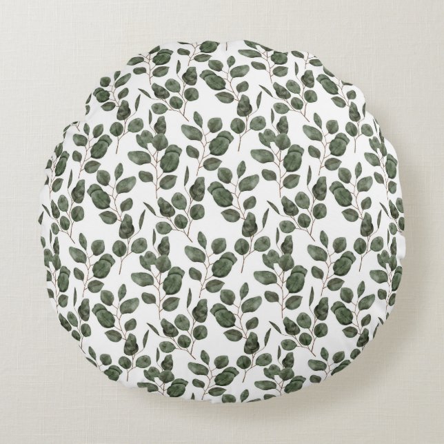 Eukalyptusgrönska Botanisk grön vit trendig Rund Kudde (Framsidan)