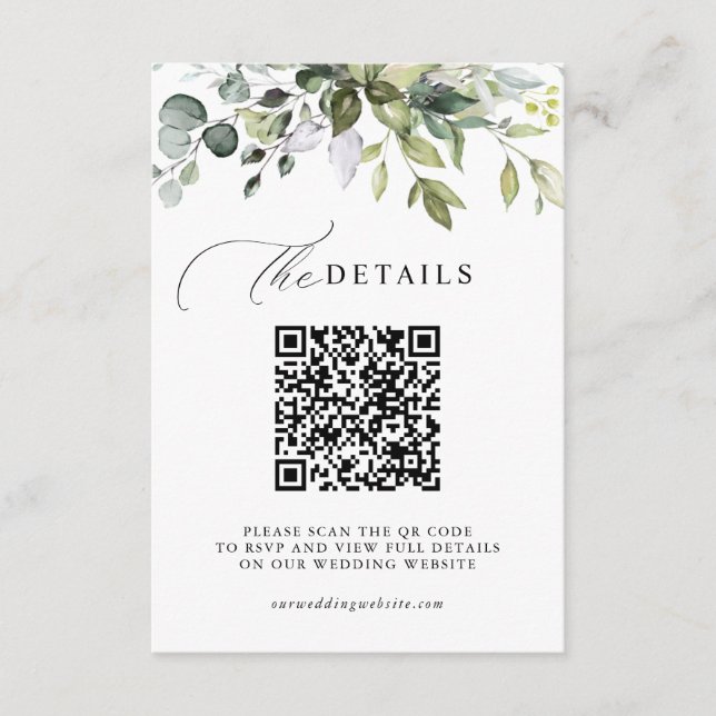 Eukalyptusgrönska QR-kod RSVP Bröllopsdetaljer Tilläggskort (Framsida)