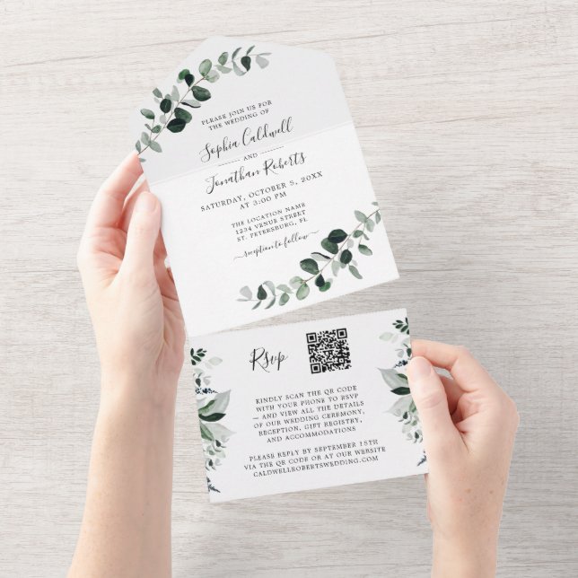 Eukalyptusgrönska QR-kod RSVP Vit Bröllop (Avrivbar del)