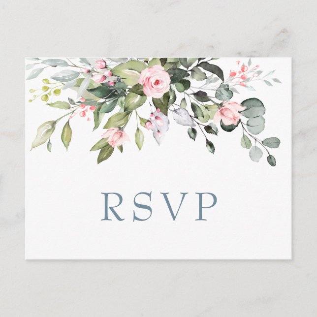 Eukalyptusgrönska Rosor Bröllop RSVP Vykort (Framsida)