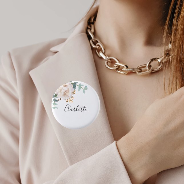 Eukalyptusgrönska vit blomster namnskylt knapp (Skapare uppladdad)