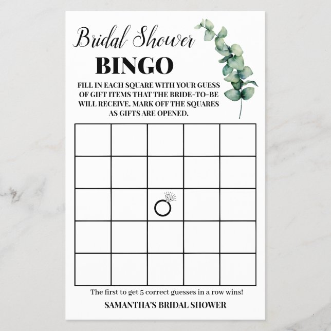 Eukalyptusgrönt Bröllopsbrudsshower Bingo Spelkort Flygblad (Framsidan)