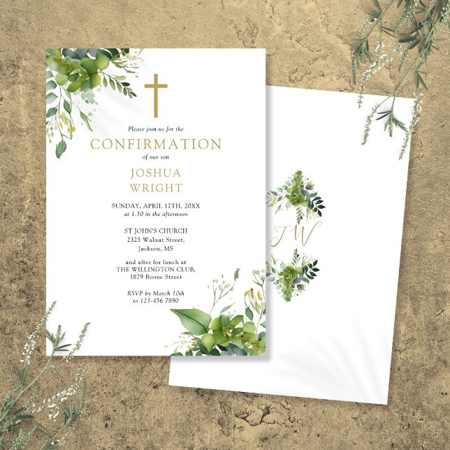Eukalyptusgrönt monogram bekräftelse inbjudningar (Eucalyptus Greenery Monogram Confirmation Invitation)