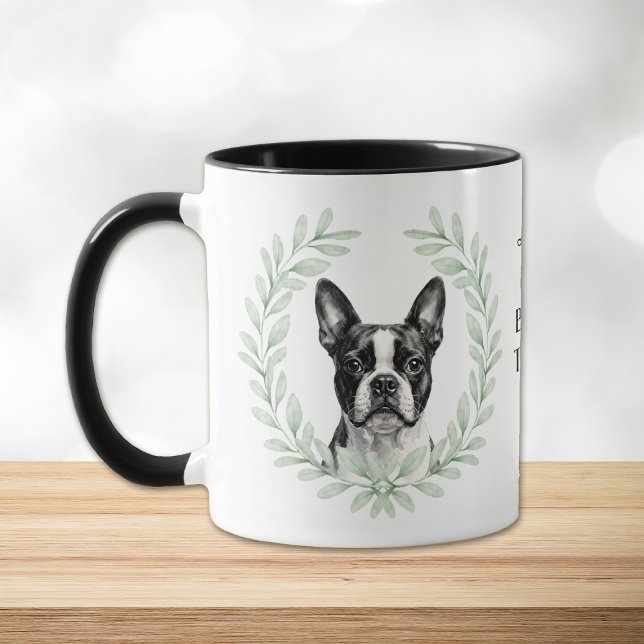 Eukalyptuskrans Boston Terrier Hund Monogram Mugg (Skapare uppladdad)
