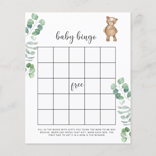 Eukalyptusskog Baby shower bingo spel (Framsida)