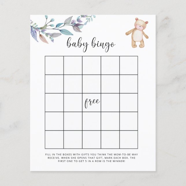 Eukalyptusskog Baby shower bingo spel (Framsida)