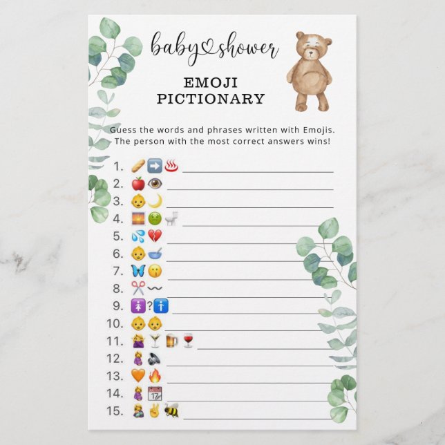 Eukalyptusskog Emoji bildlek baby shower (Framsida)