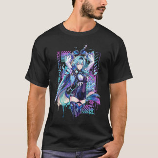Eula Genshin Vaporwave Retro Wave Rosa Blå Gradien T Shirt
