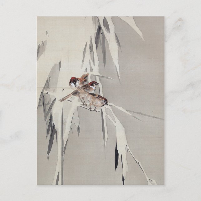 Eurasian Träd Sparrow i Snö, Watanabe Seitei Vykort (Framsida)