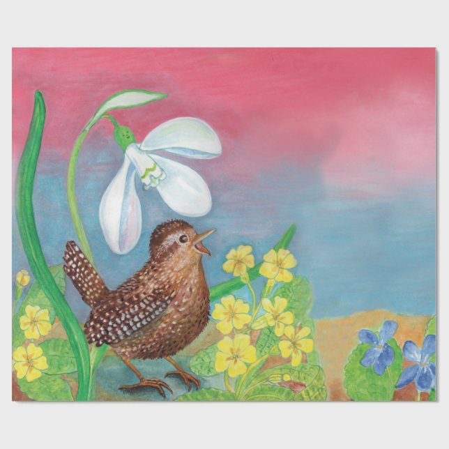 Eurasisk wren & Snödroppe & Primroses Presentpapper (Platt)