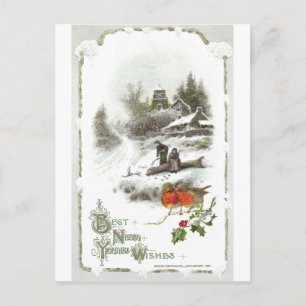 Euro Robins och Snowy Hamlet Vintage - nyår Helg Vykort