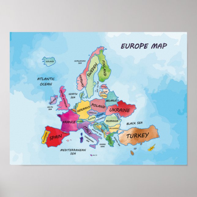 Europa Karta vatten färg Poster (Framsidan)