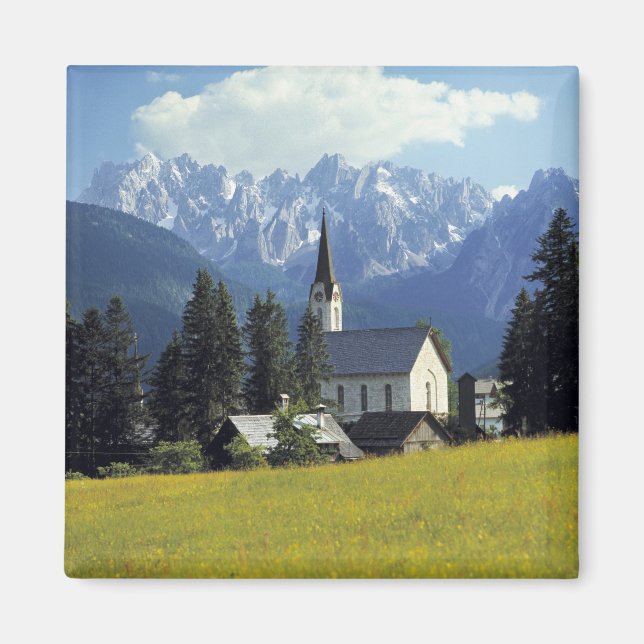 Europa, Österrike, Gosau. Kyrkans torn Magnet (Framsidan)