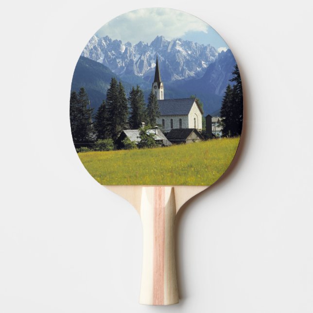 Europa, Österrike, Gosau. Kyrkans torn Pingisracket (Framsidan)