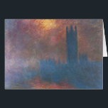 Europaparlamentets kammare, London av Claude Monet Hälsningskort<br><div class="desc">Europaparlamentets kammare, London, Sol Breaking through the Fog (1904) av Claude Monet är en vintage intsionistisk bra konst architectural-tavla. Europaparlamentets hus med Big Ben på Thames River i London, England i silhouette på en foggy dag under den varma höstsäsongen färg. Claude Monet målade upp en rad målningar av det brittiska...</div>
