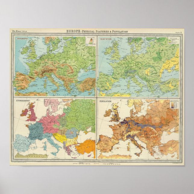 Europas fysiska egenskaper och befolkning Karta Poster (Framsidan)
