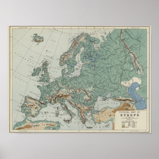 Europas fysiska Karta Poster (Framsidan)