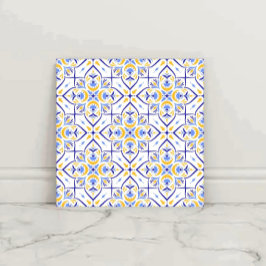 European Floral Blue and Gold Geometric Mosaic  Kakelplatta