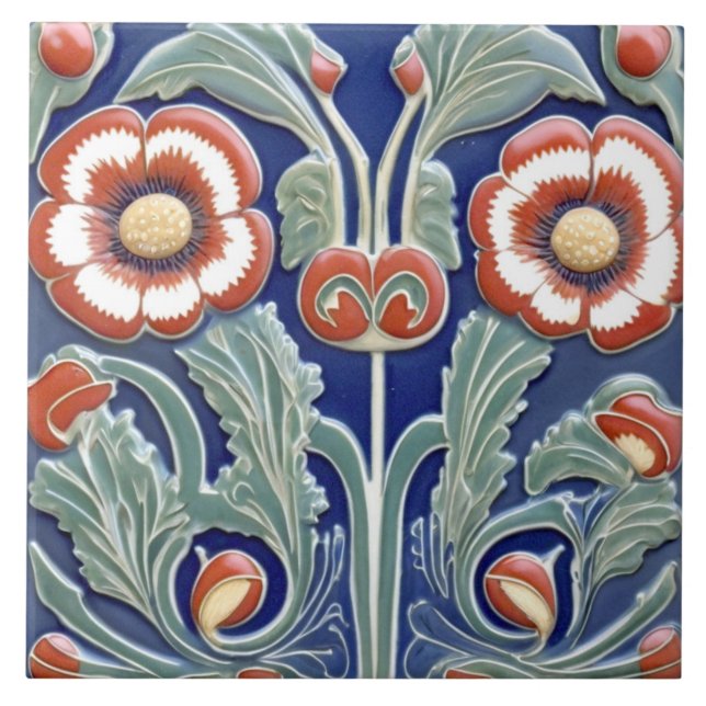 European Folk Art Swirling Red Flowers Kakelplatta (Framsidan)