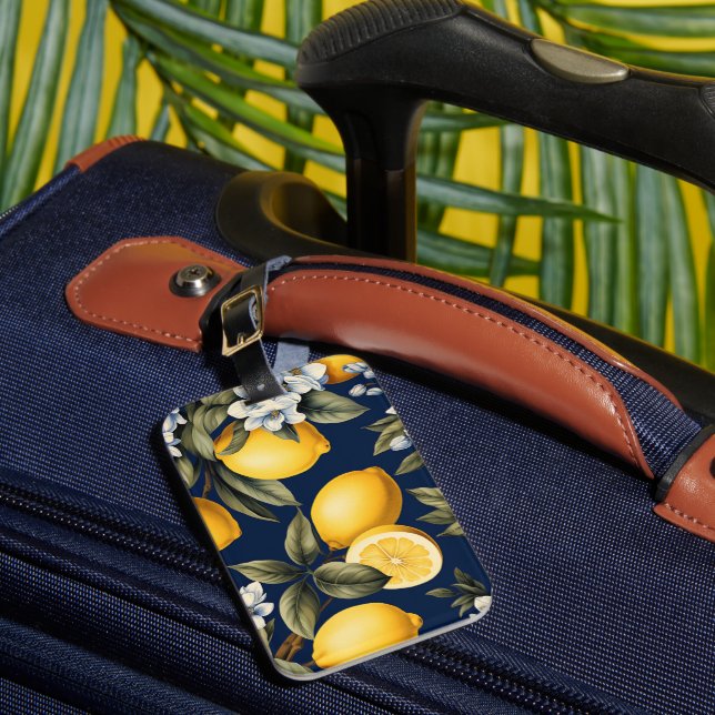 European Luggage Tag - Italian Lemons on Navy Bagagebricka (Framsida Insitu 1)