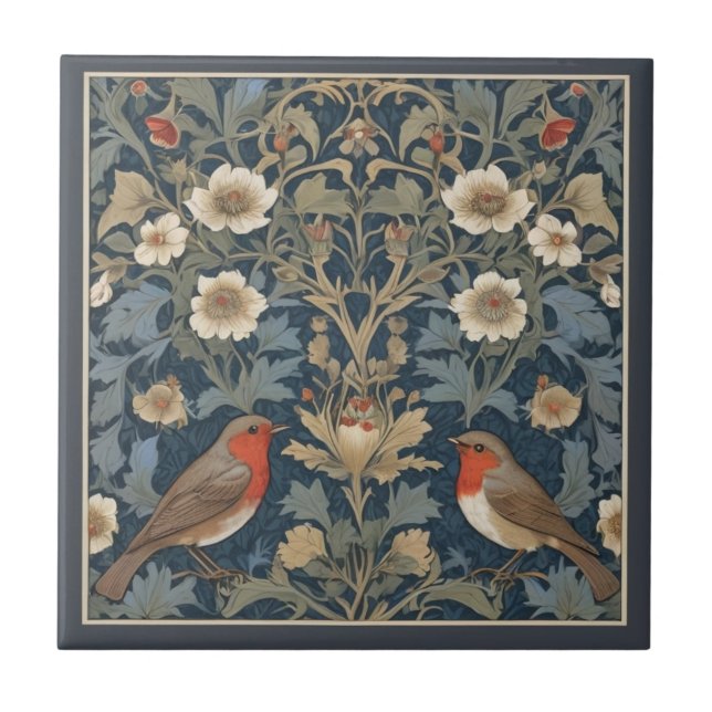 European Robin Bird Couple William Morris stil Kakelplatta (Framsidan)