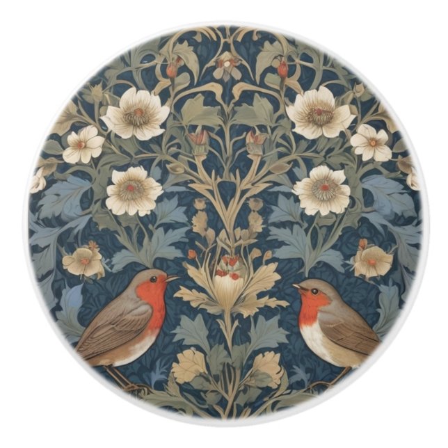 European Robin Bird Couple William Morris stil Knopp (Framsidan)