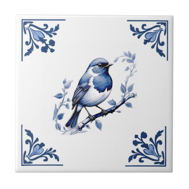 European Robin Bird Delft Blue White Blommigt Corn Kakelplatta (Framsidan)