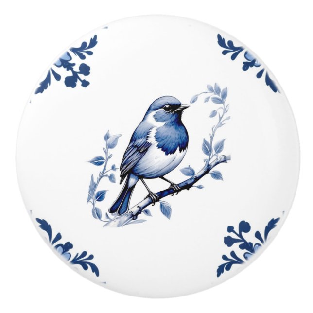 European Robin Bird Delft Blue White Blommigt Corn Knopp (Framsidan)
