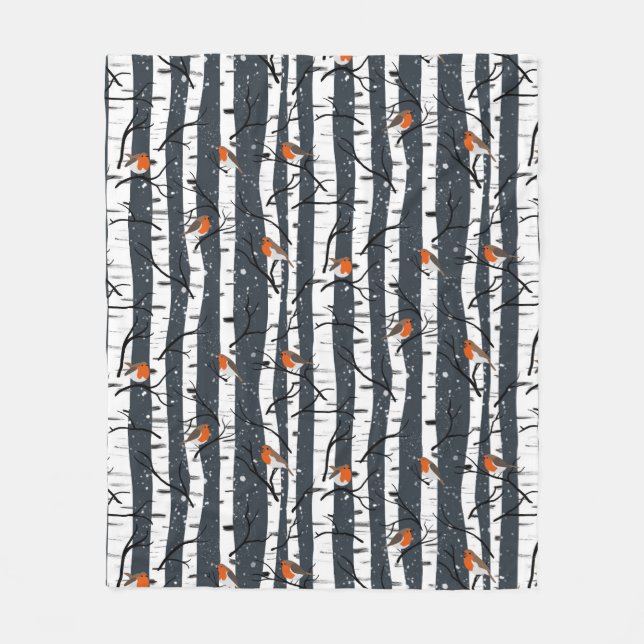 European Robins on Silver Birch in Snö grått Fleecefilt (Framsidan)