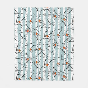 European Robins on Silver Birch in Snö p blue Fleecefilt
