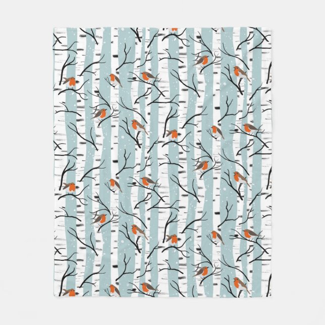 European Robins on Silver Birch in Snö p blue Fleecefilt (Framsidan)