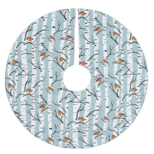 European Robins on Silver Birch in Snö p blue Julgransmatta Borstad Polyester