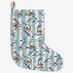 European Robins on Silver Birch in Snö p blue Liten Julstrumpa