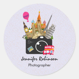 Europeiska landmärken med kamera runt klistermärke