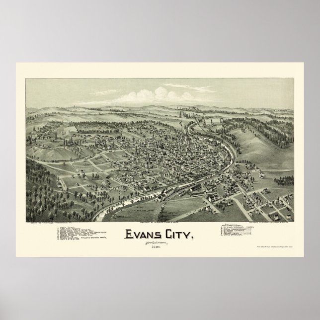 Evans City, PA Panoramic Karta - 1900 Poster (Framsidan)