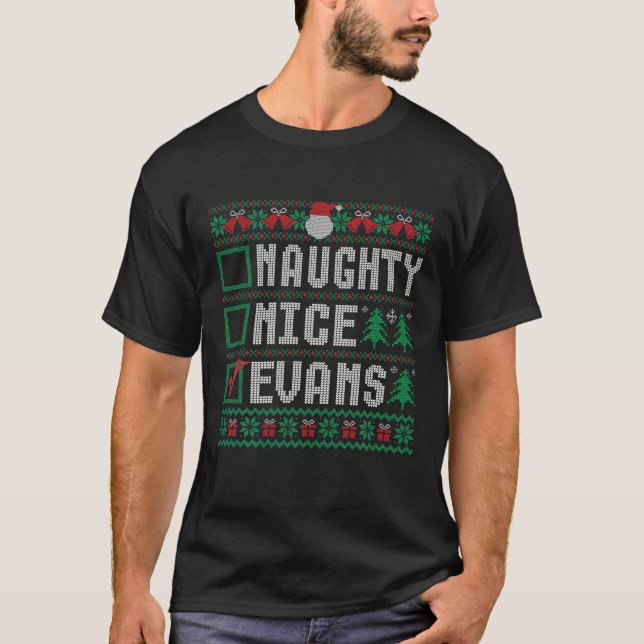 EVANS Family Namn Julafton Naughty Nice EVANS Chri T Shirt (Framsida)