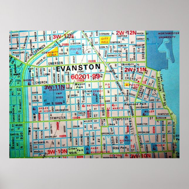 EVANSTON, IL Vintage Karta Poster (Framsidan)