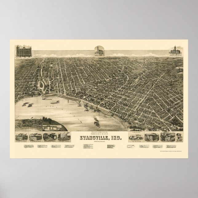 Evansville, IN Panoramic Karta - 1888 Poster (Framsidan)