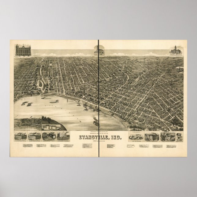 Evansville Indiana 1888 Antique Panoramic Karta Poster (Framsidan)