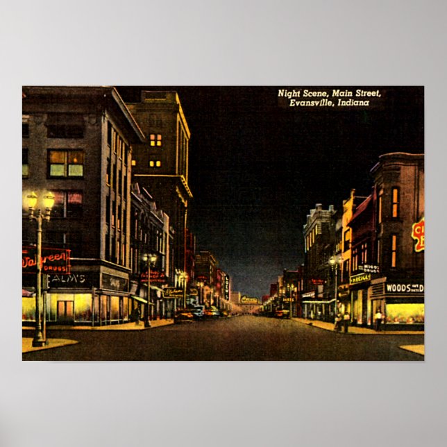 Evansville, Indiana Night Scene Main Street Poster (Framsidan)