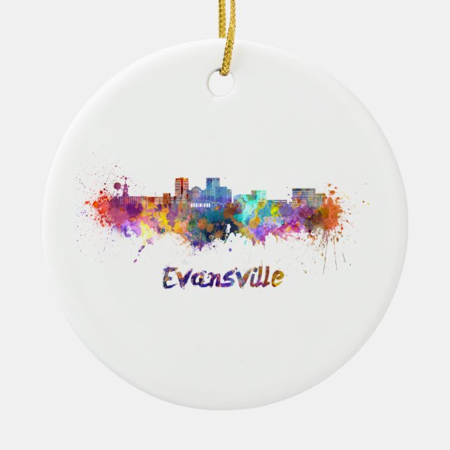 Evansville skyline in watercolor julgransprydnad keramik (Framsidan)