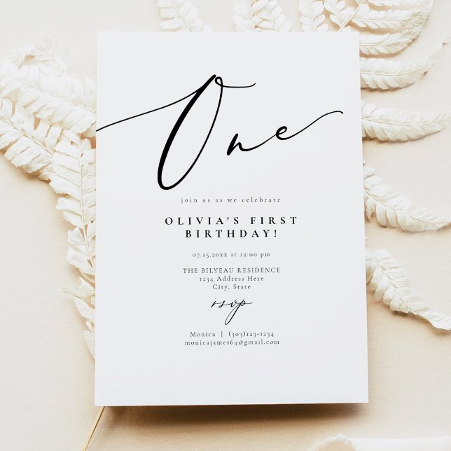 EVELYN Elegant Calligraphy Script First Birthday Inbjudningar (Skapare uppladdad)