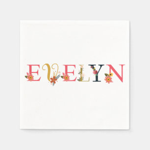 EVELYN Namn Art med blommor broderade Pappersservett