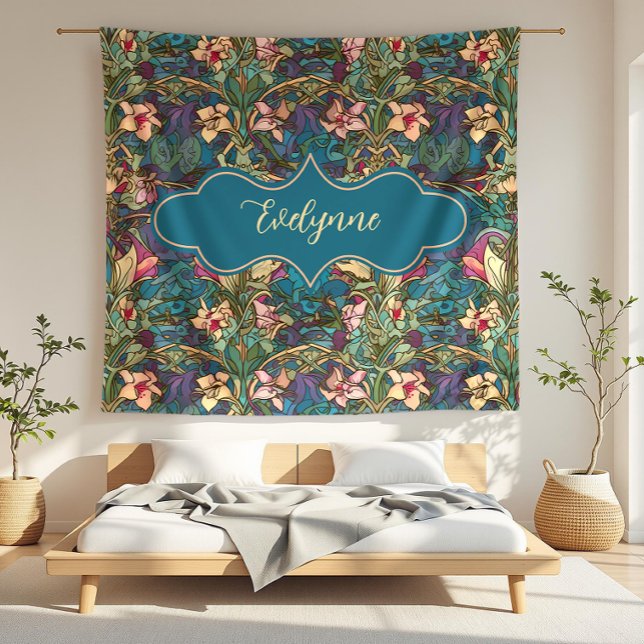 Evelynne Art nouveau Jewel Toned Blommigt Fleecefilt (detail)