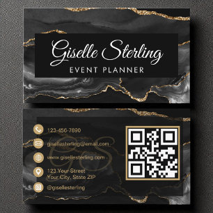 Evenemangsplanerkoden QR Black Guld Agate Luxury Visitkort
