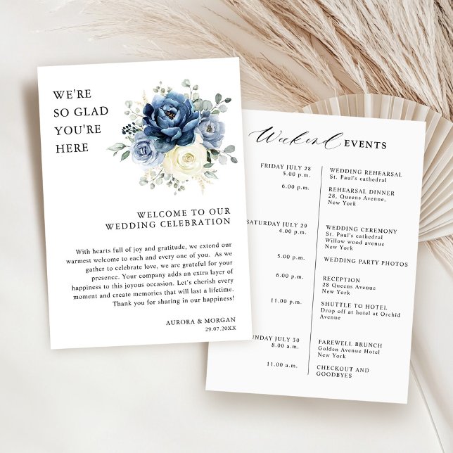 Evenemangsprogrammet Dusty Blue Ivory Blommigt Hel Inbjudningar (Dusty Blue Ivory Floral Weekend Events Program card)
