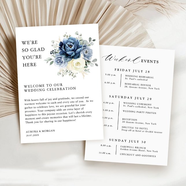 Evenemangsprogrammet Dusty Blue Ivory Blommigt Hel Inbjudningar (Dusty Blue Ivory Floral Weekend Events Budget  Wedding Program card)