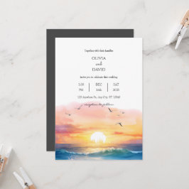 Evening Beach Sunset Scenery Watercolor Bröllop Inbjudningar